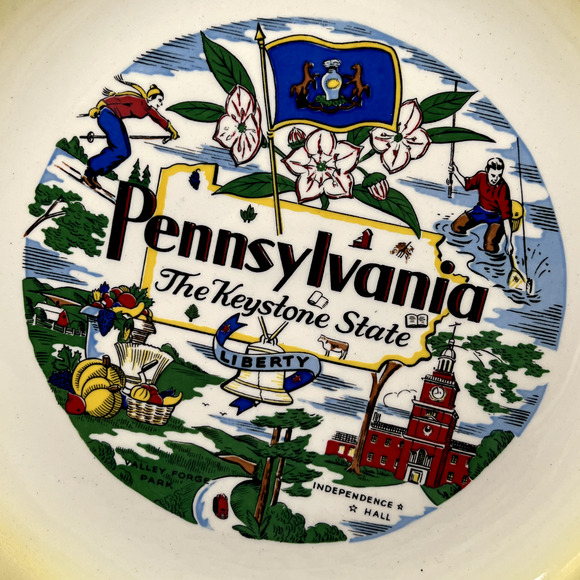 Vtg Pennsylvania Souvenir Map Plate The Keystone State Yellow Paden City Pottery - Picture 3 of 5